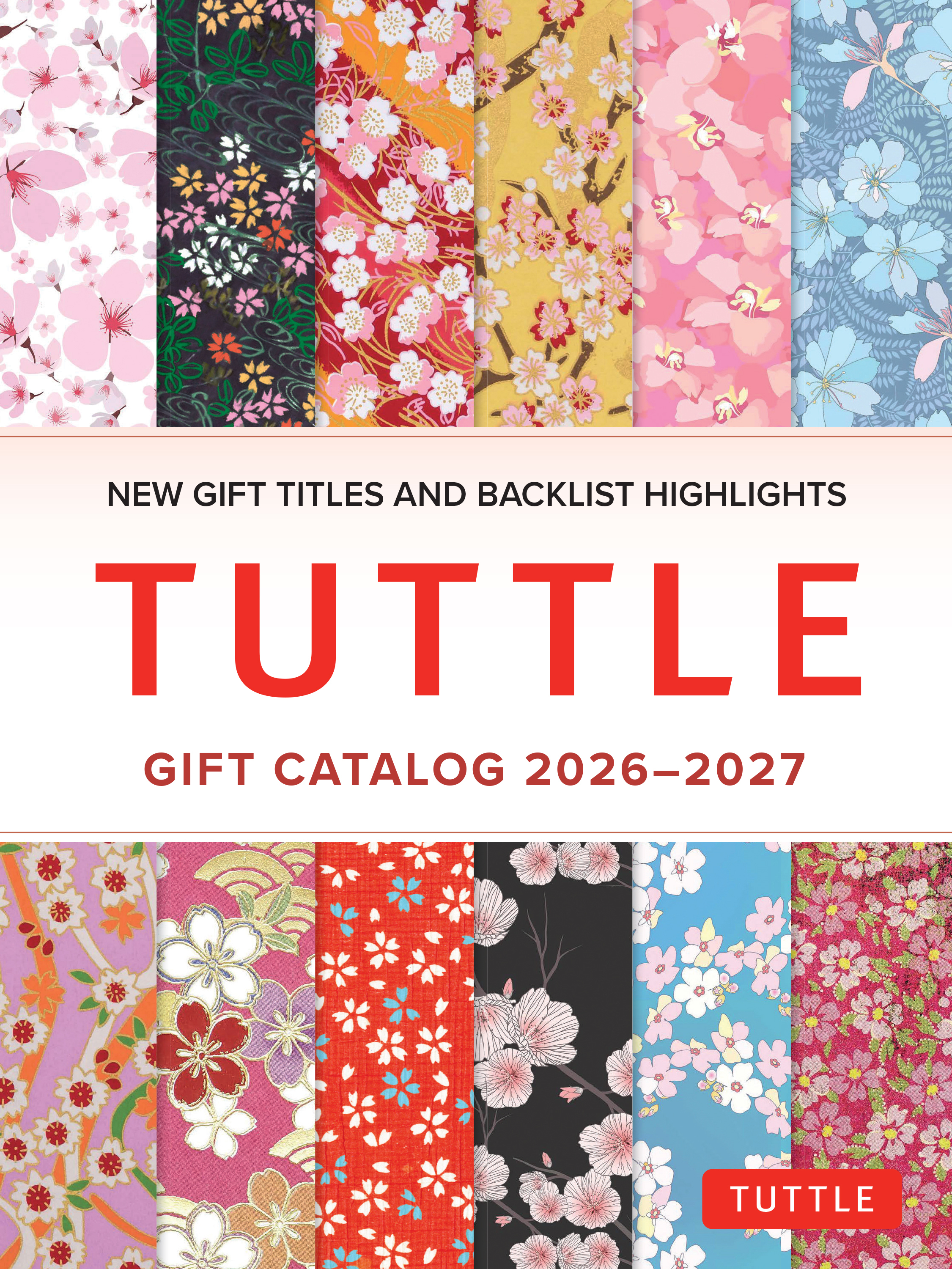 Titled TUTTLE in red, Subtitles Gift Catalog in Green. Image shows a prodominately green marbled image with red, blue, teal and yellow swirls. In the center is a cream colored horizontal band that has the text centered within.